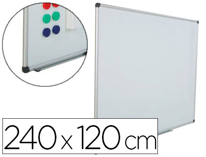 [6512] PIZARRA BLANCA ROCADA ACERO VITRIFICADO MAGNETICO MARCO ALUMINIO Y CANTONERAS PVC 240X120 CM INCLUYE BANDEJA