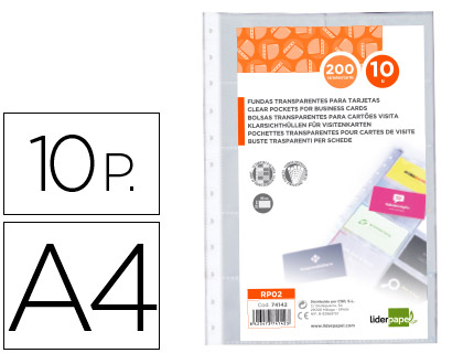 [RP02] RECAMBIO FUNDAS LIDERPAPEL DIN A4 PARA TARJETERO BOLSA DE 10 HOJAS CAPACIDAD 20 TARJETAS POR HOJA