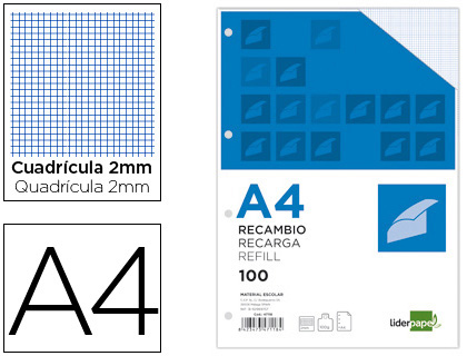 [RA04] RECAMBIO LIDERPAPEL A4 100 HOJAS 100G/M2 CUADRO 2MM CON MARGEN 4 TALADROS