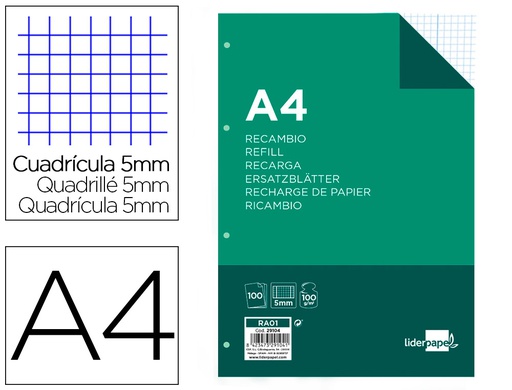 [RA01] RECAMBIO LIDERPAPEL A4 100 HOJAS 100G/M2 CUADRO 5MM CON DOBLE MARGEN 4 TALADROS