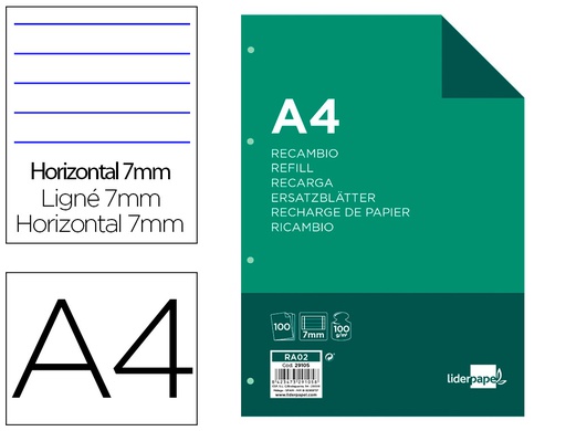 [RA02] RECAMBIO LIDERPAPEL A4 100 HOJAS 100G/M2 HORIZONTAL CON DOBLE MARGEN 4 TALADROS