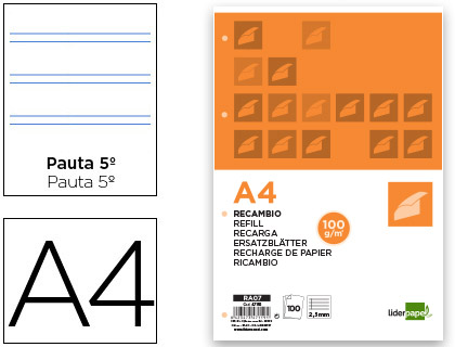 [RA07] RECAMBIO LIDERPAPEL A4 100 HOJAS 100G/M2 PAUTA 5ª 2.5MM CON MARGEN 4 TALADROS