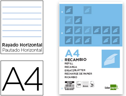 [RE03] RECAMBIO LIDERPAPEL A4 120 HOJAS 70G/M2 HORIZONTAL SIN MARGEN 4 TALADROS BANDAS DE 5 COLORES