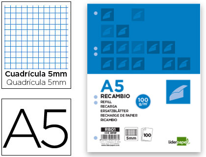 [RB01] RECAMBIO LIDERPAPEL A5 100 H 100G/M2 CUADRO 5MM CON MARGEN 6 TALADROS