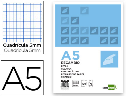 [RE04] RECAMBIO LIDERPAPEL A5 120 HOJAS 75G/M2 CUADRO 5MM SIN MARGEN 6 TALADROS BANDAS DE 5 COLORES