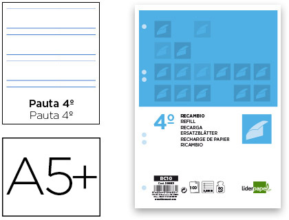 [RC10] RECAMBIO LIDERPAPEL CUARTO 100 HOJAS 60G/M2 PAUTA 4ª 3.5MM CON MARGEN 6 TALADROS