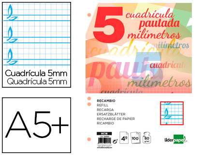 [RC18] RECAMBIO LIDERPAPEL CUARTO PAUTAGUIA 100 HOJAS 80 G CUADRICULADO PAUTADO 5 MM CON MARGEN 6 TALADROS