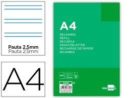 [RF08] RECAMBIO LIDERPAPEL FOLIO 100 HOJAS 60G/M2PAUTA 5ª 2.5MM CON MARGEN 4 TALADROS