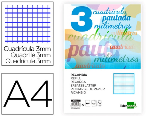 [RF23] RECAMBIO LIDERPAPEL A4 PAUTAGUIA 100 HOJAS 75 G CUADRICULADO PAUTADO 3 MM CON MARGEN 4 TALADROS