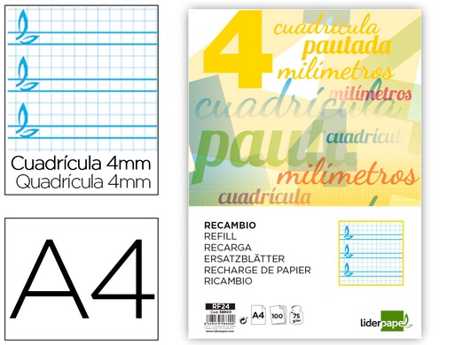 [RF24] RECAMBIO LIDERPAPEL A4 PAUTAGUIA 100 HOJAS 75 G CUADRICULADO PAUTADO 4 MM CON MARGEN 4 TALADROS