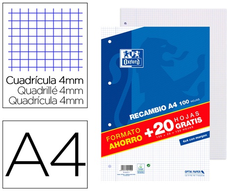 [400058179] RECAMBIO OXFORD DIN A4 100 + 20 HOJAS GRATIS 90 GR CUADRO 4 MM 4 TALADROS