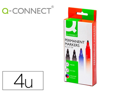 [KF26088] ROTULADOR Q-CONNECT MARCADOR PERMANENTE ESTUCHE DE 4 COLORES SURTIDOS PUNTA REDONDA 3 MM