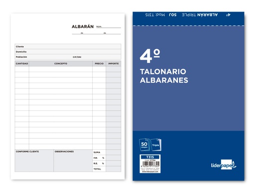 [T315] TALONARIO LIDERPAPEL ALBARAN CUARTO ORIGINAL Y DOS COPIAS T315