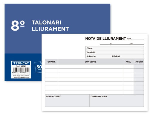 [T228-CAT] TALONARIO LIDERPAPEL ENTREGAS 8º ORIGINAL Y COPIA T228 APAISADO TEXTO EN CATALAN