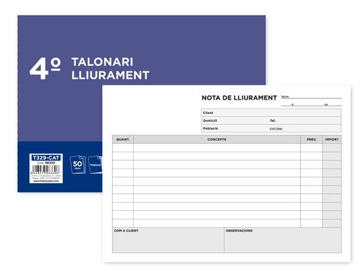 [T329-CAT] TALONARIO LIDERPAPEL ENTREGAS CUARTO ORIGINAL Y 2 COPIAS T329 APAISADO TEXTO EN CATALAN