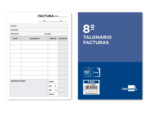 [T300] TALONARIO LIDERPAPEL FACTURAS 8º ORIGINAL Y 2 COPIAS T300 CON I.V.A.