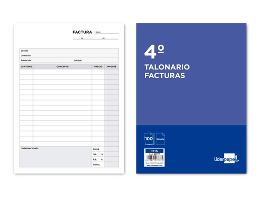 [T116] TALONARIO LIDERPAPEL FACTURAS CUARTO -CON IVA- 116