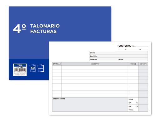 [T218] TALONARIO LIDERPAPEL FACTURAS CUARTO ORIGINAL Y COPIA T218 APAISADO CON I.V.A.