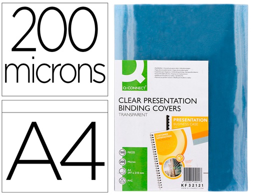 [KF32121] TAPA DE ENCUADERNACION Q-CONNECT PVC DIN A4 INCOLORA 200 MC PAQUETE DE 100 UNIDADES