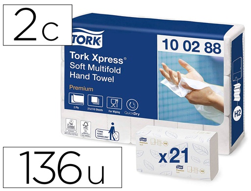 [120454] TOALLA DE PAPEL ENGARZADA 2 CAPAS 21X32 CM PAQUETE DE 200 UNIDADES PARA DISPENSADOR H2