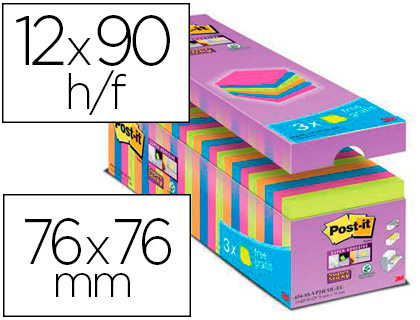 [70005251569] BLOC DE NOTAS ADHESIVAS QUITA Y PON POST-IT SUPER STICKY 76X76 MM 90 HOJAS COLORES SURTIDOS PACK DE 21 + 3