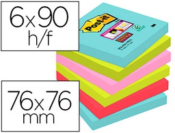 [70005291227] BLOC DE NOTAS ADHESIVAS QUITA Y PON POST-IT SUPER STICKY 76X76 MM CON 90 HOJAS PACK DE 6 UNIDADES COLORES MIAMI