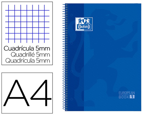 [100430197] BLOC ESPIRAL OXFORD TAPA EXTRADURA MICROPERFORADO DIN A4 80 HOJAS CUADROS 5MM COLOR AZUL