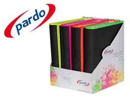 [994418] CARPETA PARDO 4 ANILLAS 40MM CARTON FORRADO DIN A4 LOMO RECTO CON BORDE NEON COLORES SURTIDOS EXPOSITOR DE 8