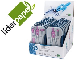 [MP16] COMPAS LIDERPAPEL CON ADAPATADOR ALARGADERA Y MANGO EXTRA SOFT EXPOSITOR DE 16 ESTUCHES 2 MODELOS