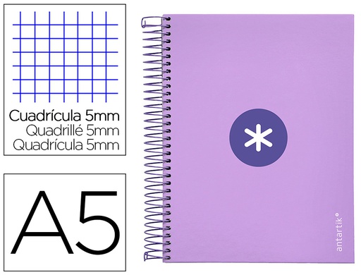 [BA77] CUADERNO ESPIRAL A5 MICRO ANTARTIK TAPA FORRADA120H 90 GR CUADRO 5MM 5 BANDA 6 TALADROS COLOR LAVANDA