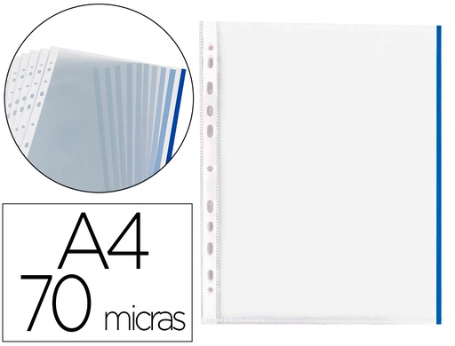 [KF18054] FUNDA MULTITALADRO Q-CONNECT DIN A4 70 MC PP CRISTAL CON BORDE AZUL BOLSA DE 10 UDS