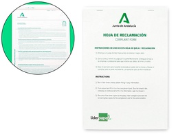 [LQ01] LIBRO LIDERPAPEL HOJAS DE RECLAMACIONES JUNTA DE ANDALUCIA DIN A4 25 JUEGOS ORIGINAL + 2 COPIAS