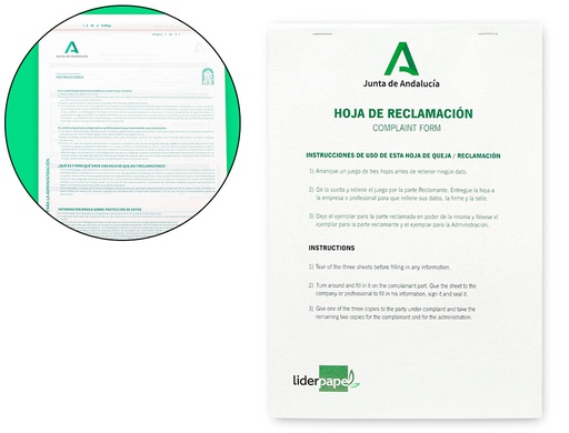 [4475-1] LIBRO LIDERPAPEL HOJAS DE RECLAMACIONES JUNTA DE ANDALUCIA DIN A4 25 JUEGOS ORIGINAL + 2 COPIAS