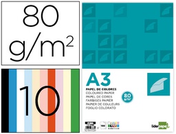 [PC92] PAPEL COLOR LIDERPAPEL A3 80GR/M2 10 COLORES SURTIDOS PAQUETE 100 HOJAS