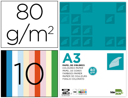 [PC92] PAPEL COLOR LIDERPAPEL A3 80GR 10 COLORES SURTIDOS PAQUETE 100 HOJAS