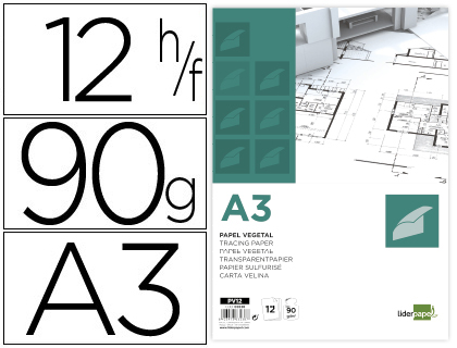[PV12] PAPEL DIBUJO LIDERPAPEL A3 297X420MM 90G/M2 VEGETAL SOBRE DE 12 HOJAS