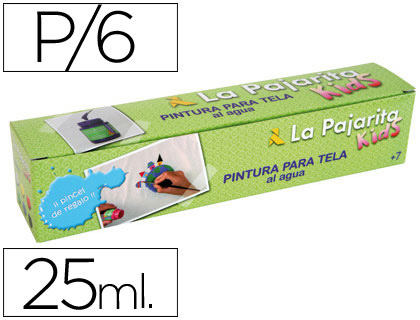 [119494] PINTURA PARA TELA LA PAJARITA KIDS 25 ML CAJA DE 6 UNIDADES COLORES SURTIDOS + PINCEL