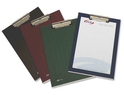 [82003] PORTANOTAS PARDO CARTON FORRADO PVC FOLIO CON PINZA METALICA AZUL