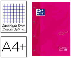 [400077697] RECAMBIO COLOR 1 OXFORD DIN A4+ 80 HOJAS 90 GR CUADRICULA 5 MM TAPA BLANDA 4 TALADROS FUCSIA TOUCH