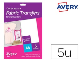 [MD1001] PAPEL TRANSFER AVERY PARA CAMISETAS ALGODON COLOR BLANCO INK-JET DIN A4 PACK DE 5 HOJAS