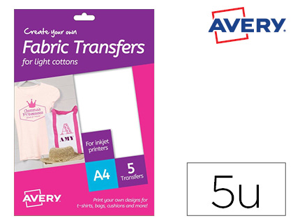 [MD1001] PAPEL TRANSFER AVERY ALGODON CLAROS INK-JET DIN A4 PACK DE 5 HOJAS