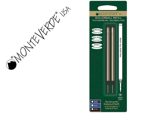 [M232-BK] RECAMBIO ROLLER GEL MONTEVERDE COMPATIBLES CON LOS DE MONTBLANC BLISTER 2 UNIDADES COLOR NEGRO PUNTA MEDIA