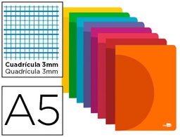 [LF21] LIBRETA LIDERPAPEL 360 TAPA DE PLASTICO A5 48 HOJAS 90G/M2 CUADRO 3 MM CON MARGEN COLORES SURTIDOS