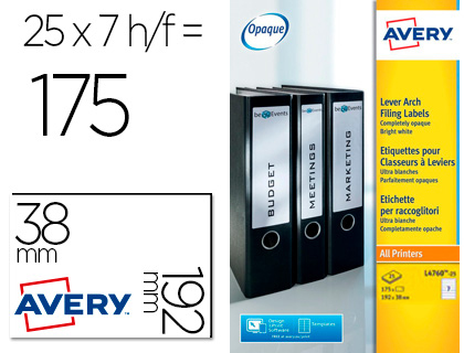 [L4760-25] ETIQUETA ADHESIVA AVERY PERMANENTE BLANCA 38X192 MM PARA LOMO ARCHIVADOR LASER CAJA DE 175 UNIDADES