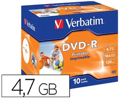 [43521] DVD-R VERBATIM IMPRIMIBLE CAPACIDAD 4.7GB VELOCIDAD 16X 120 MIN PACK DE 10 UNIDADES