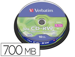 [43480] CD-RW VERBATIM SERL CAPACIDAD 700MB VELOCIDAD 12X 80 MIN TARRINA DE 10 UNIDADES