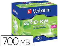 [43148] CD-RW VERBATIM SERL CAPACIDAD 700MB VELOCIDAD 12X 80 MIN PACK DE 10 UNIDADES