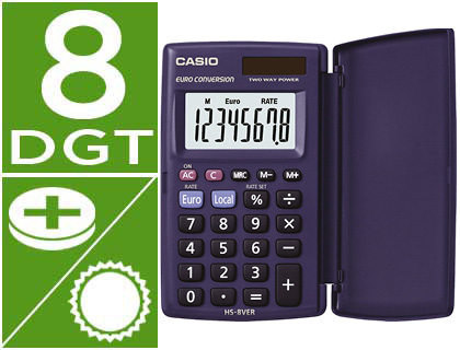 [HS-8VERA] CALCULADORA CASIO HS-8VER BOLSILLO 8 DIGITOS CONVERSION MONEDA CON TAPA COLOR AZUL