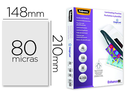 [5306002] BOLSA DE PLASTIFICAR FELLOWES BRILLO DIN A5 80 MC PACK 100 UNIDADES