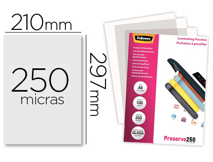 [5401802] BOLSA DE PLASTIFICAR FELLOWES BRILLO DIN A4 250 MC PACK DE 100 UNIDADES